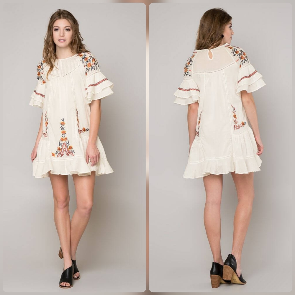 Free People Dress Womens XS White Floral Embroidered Flutter Sleeve Cotton Boho